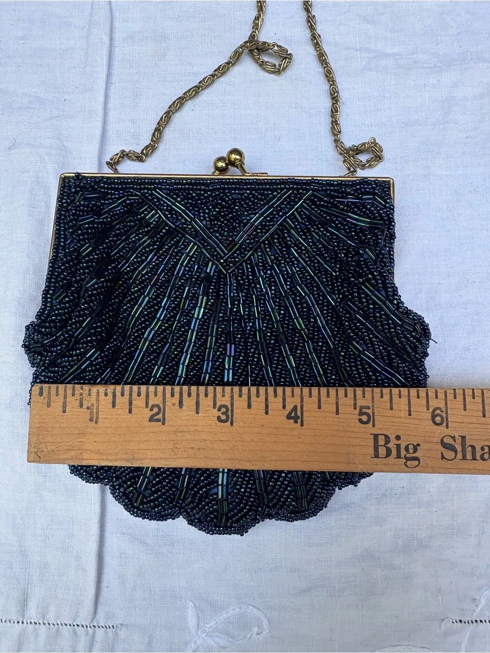 Vintage La Regale Navy Beaded Shell Clutch with Gold Chain